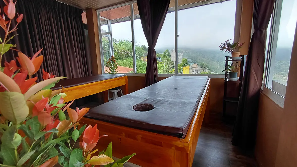 Treatment table beside wide windows and flowers.